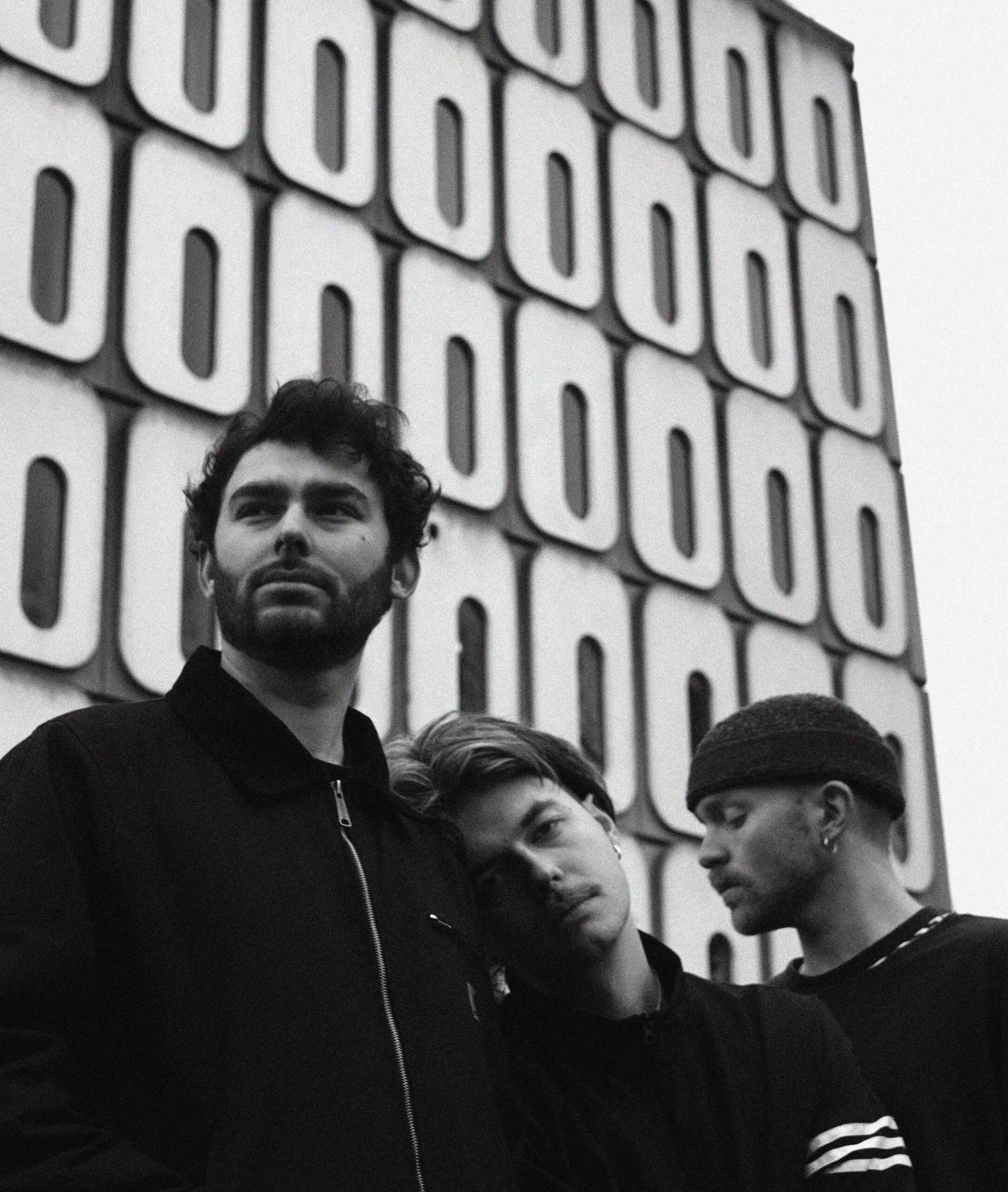 A black and white photo of the three members of the Belfast band Chalk